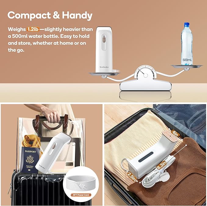 Newbealer 2in1 Steamer and Dry Iron for Beginners, Horizontal & Vertical Clothes Steamer, Non-Stick Ceramic Soleplate, 170ml Garment Wrinkle Remover, Auto-off, 1.2lbs (120V Only)