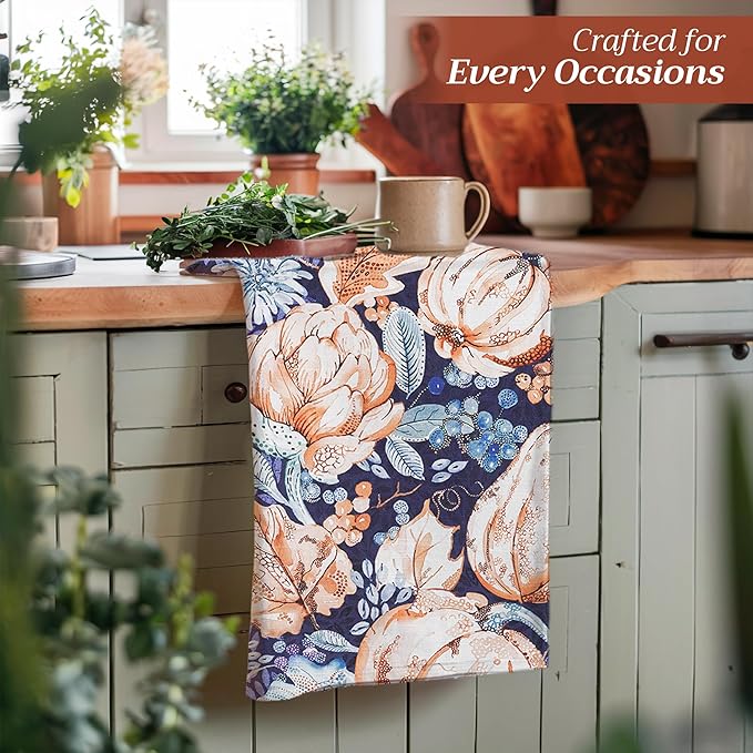 Maison d' Hermine Kitchen Towels Set of 3 100% Cotton 27.50" x 20" Reusable Cloth Tea Dish Towels Absorbent with Hanging Loop for Kitchen, Home, Dining, Cocktail Parties (Pumpkin Blues)