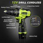 Cordless Drill: 12V Power Drill Set with Lithium Battery, 142Pcs Electric Tools Set with 3/8"Keyless Chuck, Portable Household Basic Tool Kit with Tool Box for Home, Green