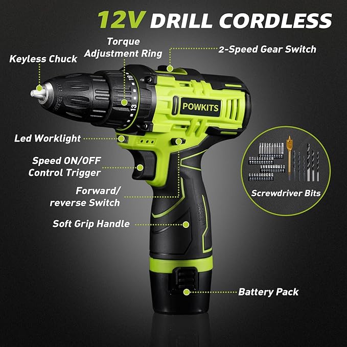 Cordless Drill: 12V Power Drill Set with Lithium Battery, 142Pcs Electric Tools Set with 3/8"Keyless Chuck, Portable Household Basic Tool Kit with Tool Box for Home, Green