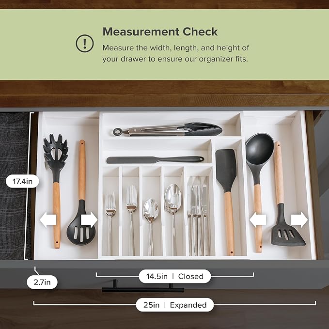 Premium Silverware, Flatware and Utensil Organizer for Kitchen Drawers, Food-Safe Contract Grade, Expandable from 14.5 to 25 In, White Bamboo