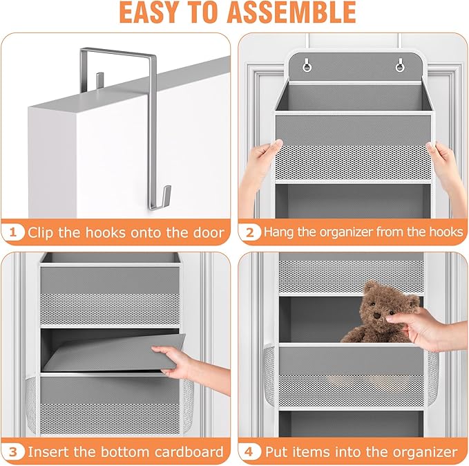 WISELIFE Over the Door Organizer - 4 Shelves Large Capacity Hanging Bedroom Storage Solution with 6 Side Pockets for Dorm Bathroom Pantry Nursery and Baby Essentials Holds up to 40 lbs (Grey)