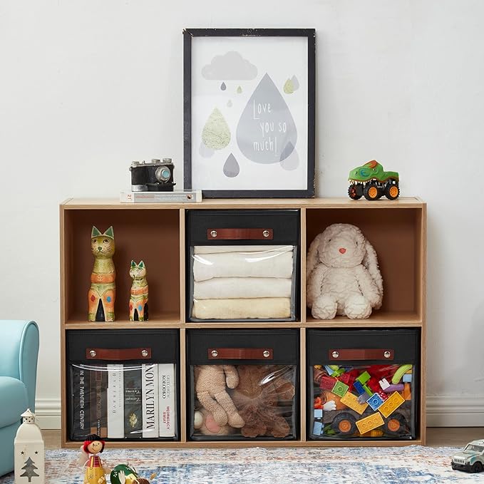 Storage Cube Organizer with Clear Window, Linen Collapsible Storage Boxes with PU Handles, Cube Storage Bins for Shelf, Closet, Cabinet, Bookcase (10.5x10.5x11, Black)