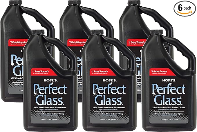 HOPE'S Perfect Glass Cleaner Spray Refill, Streak-Free, Ammonia-Free Window, Mirror, Screen, Tinted Glass, and Shower Door Cleaner, Indoor and Outdoor Glass Surfaces, 67.6 Ounce, Pack of 6