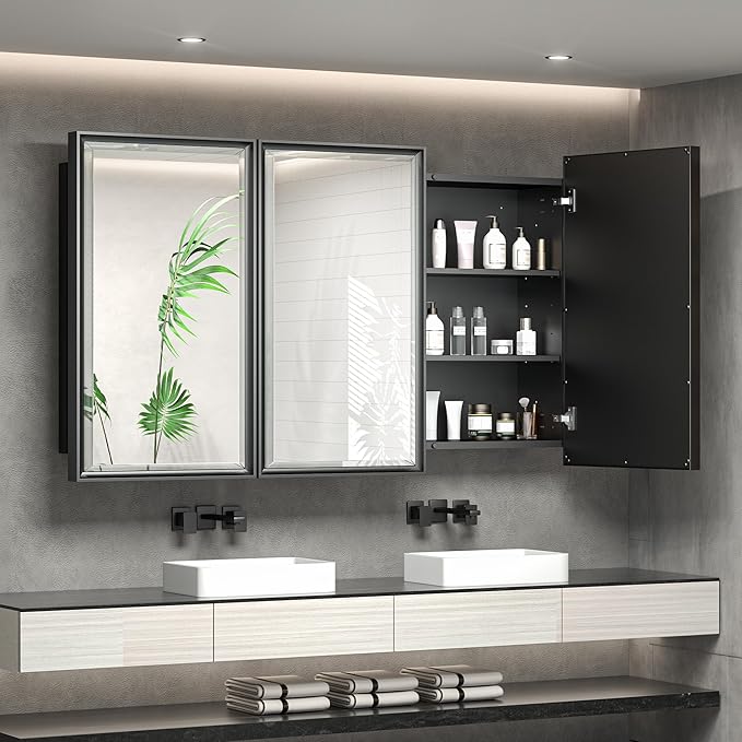 TokeShimi 48x30 Medicine Cabinet Mirror Bathroom Vanity Black Metal Framed Recessed or Surface Mounted Medicine Cabinet with Beveled Mirror with Storage Aluminum for Modern Farmhouse
