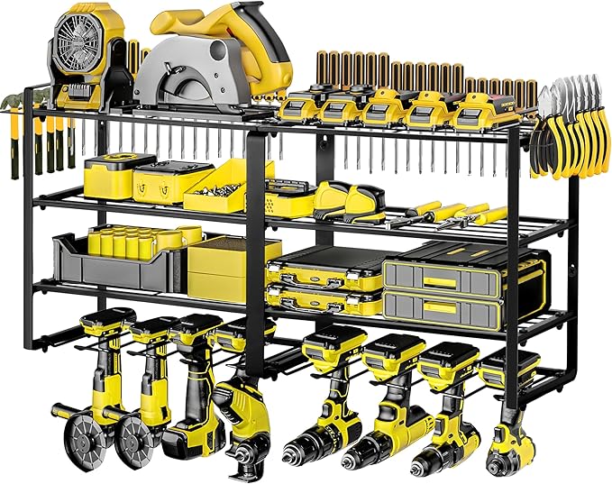 Metal Power Tool Organizer,Space-Saving Wall-Mounted Power Tool Rack,Holds 8 Drills + 4-Tier Storage,Durable Steel Construction for Garage, Workshop and Shed Organization