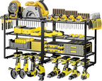Metal Power Tool Organizer,Space-Saving Wall-Mounted Power Tool Rack,Holds 8 Drills + 4-Tier Storage,Durable Steel Construction for Garage, Workshop and Shed Organization