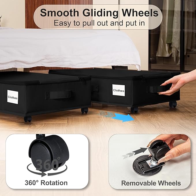 Under Bed Storage with Wheels, 2 Pack Under Bed Storage Containers with Label Holders for Clothes, Shoes and Blankets, Rolling Underbed Shoe Organizer with Cover, Black (23.6 x 15.7 x 7.28 in)