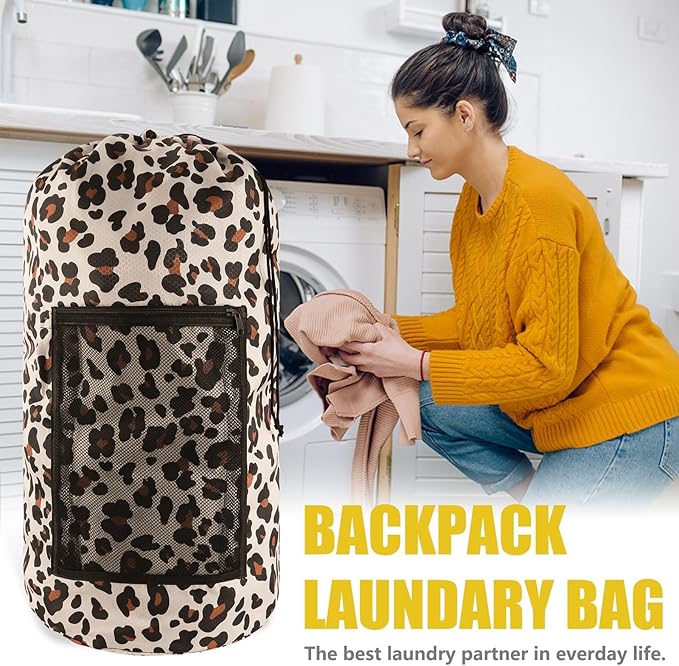 Laundry Bag Backpack, Extra Large Travel Laundry Bag with Mesh Pocket & Adjustable Shoulder Straps,Dirty Clothes Travel Bag for College Students Dorm,Apartment(Leopard Print)