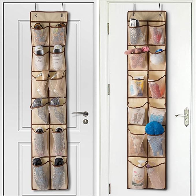 KEEPJOY Over The Door Shoe Organizer,Hanging Shoe Organizer 12 Mesh Pockets Shoe Organizer for Closet,Works Well for Men and Woman Kids Shoes Storage, 57.5×12.6inch(Beige)