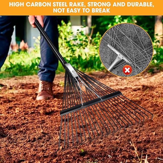 46 HRC Steel Gardening Leaf Rake, 24 Tines 23.2" Wide,Adjustable Split Long Handle 33-67",Suitable for Raking Leaves and Lawn Tidying,Garden rake and thatch rake Suitable for Adults