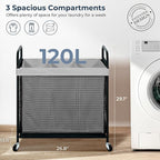 STO STO Laundry Hamper 3 Section, 120L Rolling Laundry Sorter Cart with Removable and Washable Liner Bag, Clothes Hamper with Wheels and Metal Handle for Laundry Room and Bedroom, Gray