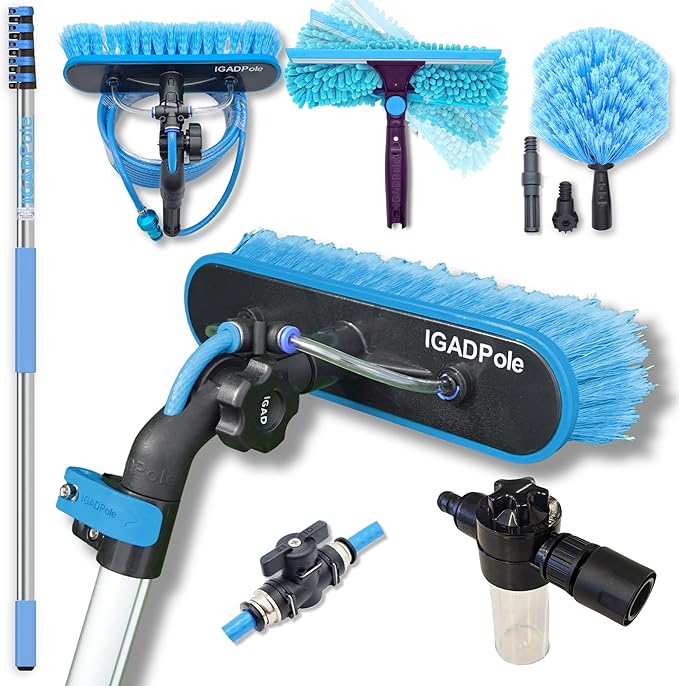 26ft IGADPole Washing Kit: Water-fed Brush, Cobweb Duster and 10” Squeegee and Soap Dispenser, with 5-Stage Telescoping Pole 5-20ft Pole
