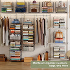 Hanging Closet Organizer and Storage - 8 Tier Closet Hanging Organizer Shelves, Metal & Foldable Hanging Storage Organizer Baskets with Adjustable Dividers for Clothing Sweaters Shoes Handbags