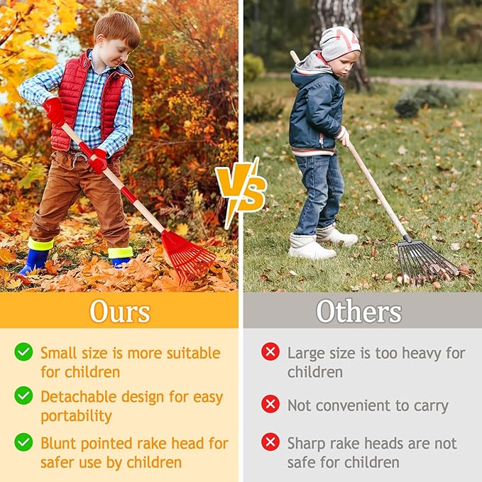 2 Pcs 35'' Kids Rakes for Leaves - Plastic Rake Head with 2 Pairs Kids Gloves, Small Kids Lawn Rakes Detachable Wooden Handle, Autumn Garden Tool Set for Kids Boys and Girls, Red & Blue, 3yr+