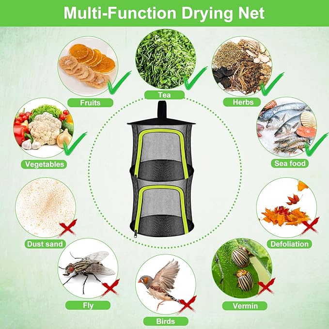 2 Layer Herb Drying Rack, Small Herb Drying Rack Hanging Mesh, Foldable Fish Drying Net with U-Shaped Zipper, Hooks, for Drying Herbs Plants, Flowers, Fruits, Food, Camping(2 Layers-11.81'')