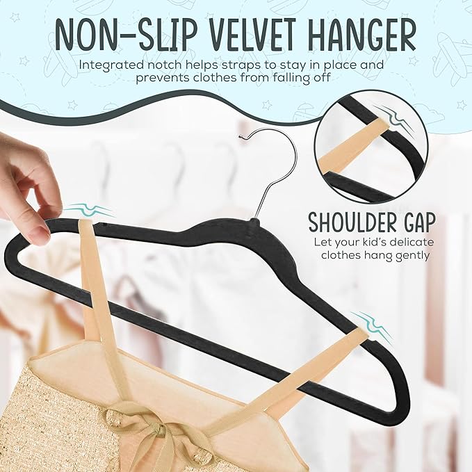 TechZoo 25 Premium Kids Velvet Hangers - 14" Non-Slip Clothes Hangers for Kids & Preteens - Ultra Slim, Space-Saving, Strong & Durable Hangers with 360° Swivel Hook - Black