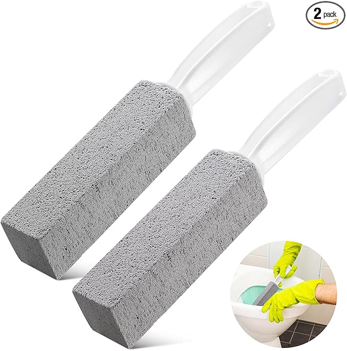 2 Pack Pumice Stone Toilet Bowl Cleaner with Handle, Hard Water Ring Remover & Stain Scrubber for Bathroom, Pool, Sink and Tub, Ergonomic Heavy Duty Cleaning Tool