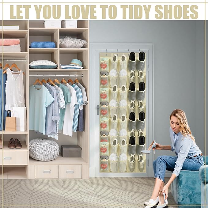 Windyun 2 Pack 40 Over the Door Shoe Organizers Large Mesh Pocket Hanging Shoe Rack for Closet Nonslip Behind Door Storage Holder Back to School Organizer for Dorm Room College Storage (Beige)