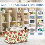 Strawberry Storage Baskets,Leaves Foldable Large Capacity Organizer Bins with Waterproof Lining and Leather Handles for Closet,Shelf,Bedroom 17x11.5x10Inch