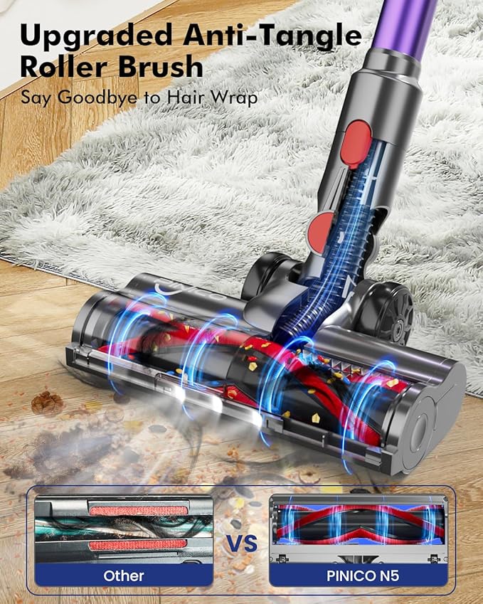 Cordless Vacuum Cleaner, 25kPA Vacuum Cleaners for Home, Stick Vac with Anti-Tangle Brush, 40 Mins Runtime, Lightweight, Versatile for Carpet, Hard Floor, Pet Hair (Purple)