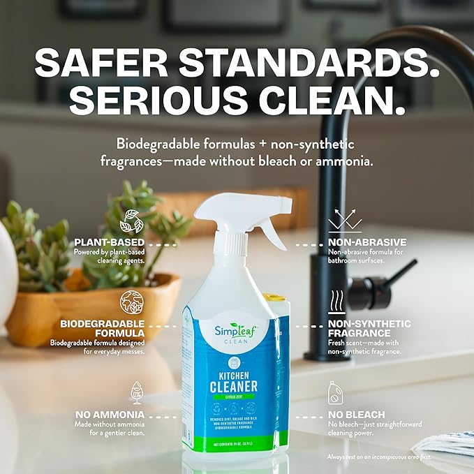 Simpleaf Clean Kitchen Degreaser Cleaner | Refill System Cleaners| Bleach‑Free| Ammonia‑Free|Grease, Oils & Food Soil Remover | Citrus Zest 24oz x 4