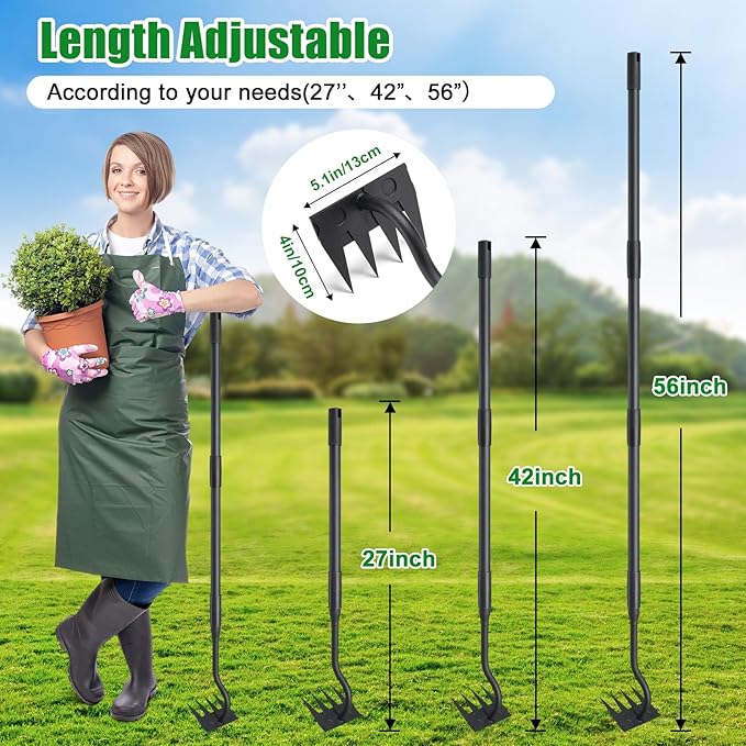 Weed Puller Tool, Garden Weeding Rake Tools with Detachable Long Handle, 56 inch Weed Remover Gardening Hand Tool for Lawn, Yard, atio and Backyard (4 Tines)