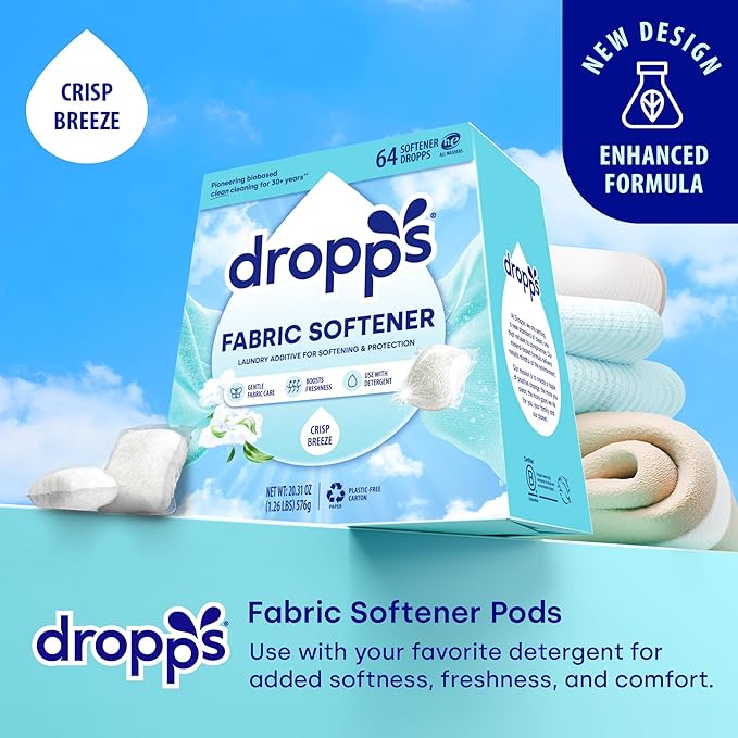 Dropps Laundry Fabric Softener Pods, Crisp Breeze (64 Pods) - Laundry Additive for Softening & Protection - HE Compatible Mineral Based Ingredients Laundry Supplies