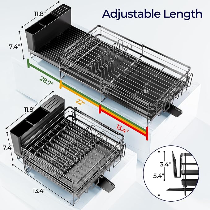 Large Dish Drying Rack, Expandable Dish Rack for Kitchen Counter, Upgraded Dish Drainer with Drainboard Set, Multifunctional Dishrack with Utensil Holder & Cup Holder, 13.4"-28.7" L x 11.8" W