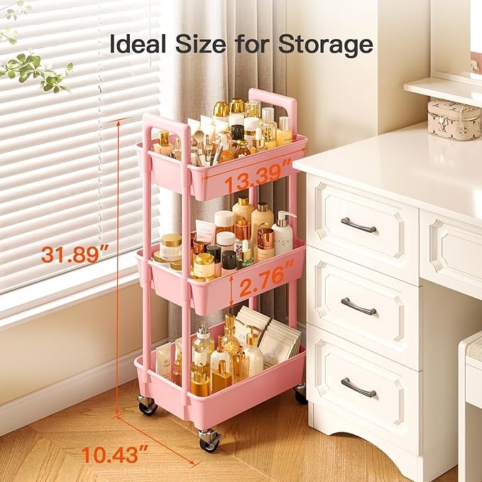 Pipishell 3 Tier Rolling Cart Organizer, Plastic Rolling Cart with Lockable Wheels & Reinforced Handle, Lightweight Utility Cart Storage Cart for Nursery, Kitchen, Bathroom, Craft Room, Pink, PIUC14P
