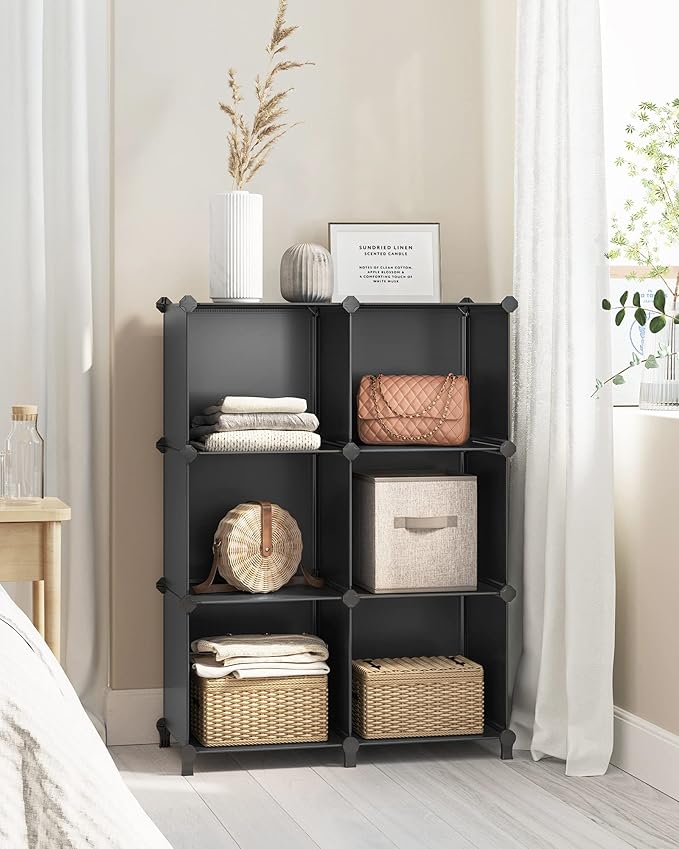 SONGMICS 6 Cube Storage Organizer, Modular Bookshelf, DIY Closet Organizers and Storage, Plastic Stackable Shelves, 14.6 x 13 x 13 Inch Cubes, with Feet and Rubber Mallet, Black ULPC206B01