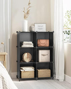 SONGMICS 6 Cube Storage Organizer, Modular Bookshelf, DIY Closet Organizers and Storage, Plastic Stackable Shelves, 14.6 x 13 x 13 Inch Cubes, with Feet and Rubber Mallet, Black ULPC206B01