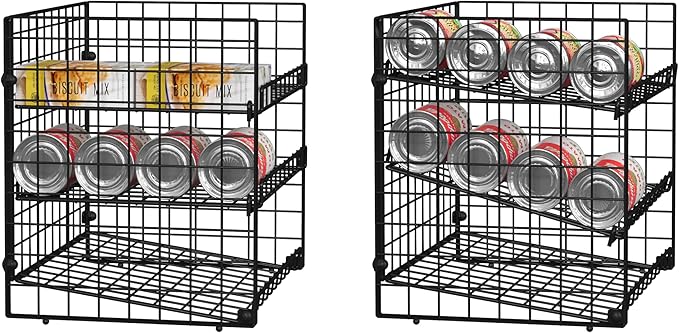 3 Tier Stackable Can Rack Organizer for Pantry, Adjustable Can Holder for Various Ounce of Canned Food Soup Goods Soda Drink, Rolling Tiered Can Dispenser for Kitchen Cupboard Cabinet, 2 Pack
