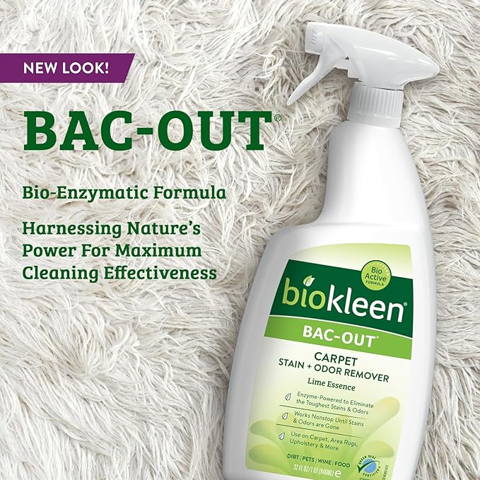 Biokleen Bac-Out Carpet Cleaner Spray, Stain Remover and Odor Eliminator, Use on Area Rugs, Upholstery & More, Removes Dirt, Pets, Wine & Food, Lime Scent, 32 oz, 2 Pack