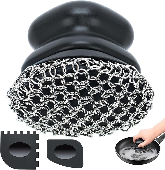 Cast Iron Scrubber with Scraper, Palm 316 Cast Iron Cleaner Chainmail Scrubber with Ergonomic Grip, for Griddles,Grill Pan Skillet Wok Carbon Steel, Oven Metal Brush Cleaning Kit