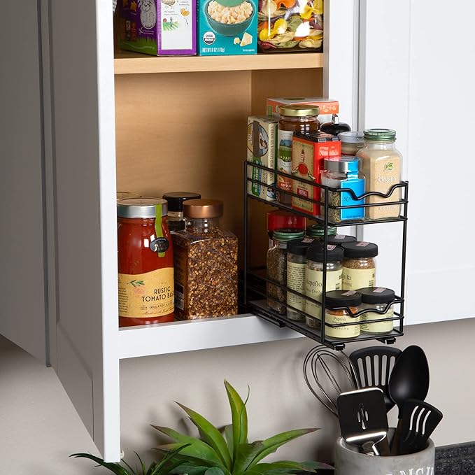 Pull Out Cabinet Organizer for Spices, Cans - Heavy Duty with Lifetime Limited Warranty- Pull Out Spice Rack- Cabinet Pull Out Shelf for Cans,Dishes, Etc, 4-1/2"Wx10-3/8"Dx8-7/8"H, Black