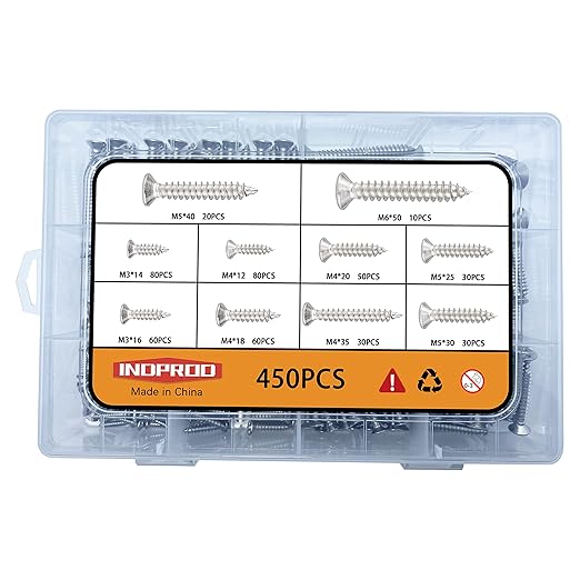 M3 M4 M5 M6 Wood Screws Assortment Kit 450Pcs,304 Stainless Steel Self-Tapping Screws Set,Phillips Drive Sheet Metal Screws,Countersunk Flat Head Assorted Screws,Self Tapping Screws for Metal