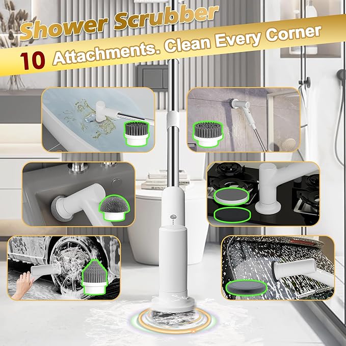 Electric Spin Scrubber, Battery 2.5H with Extra-Long Runtime, 10 Brush Heads, IPX7 Waterproof Power Shower Scrubber with Long Handle, 2 Speeds Cordless Cleaning Brush for Bathroom Bathtub