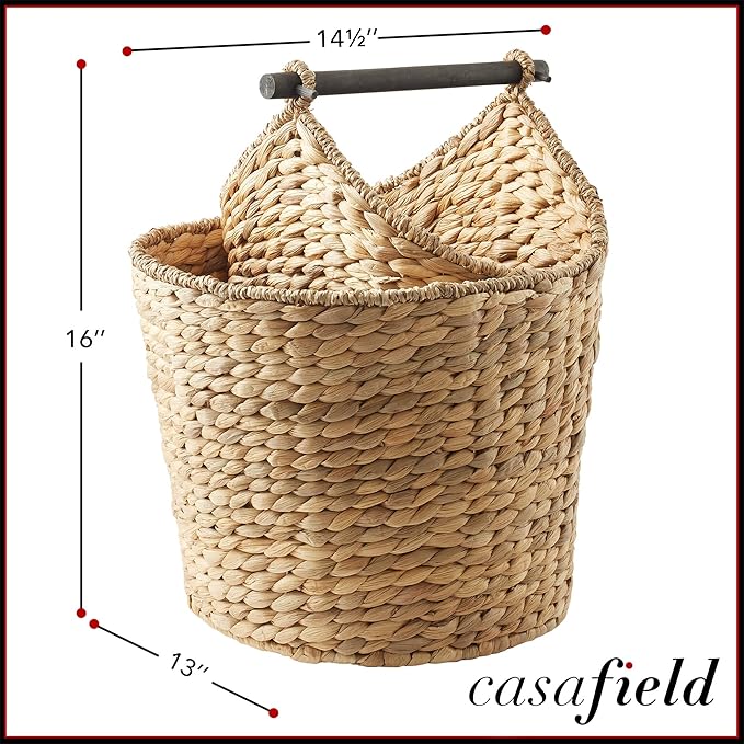 Casafield Toilet Paper Roll Storage Basket with Magazine Holder, Natural - Woven Water Hyacinth Wicker Bathroom Bin for Bath Tissue and Toiletries