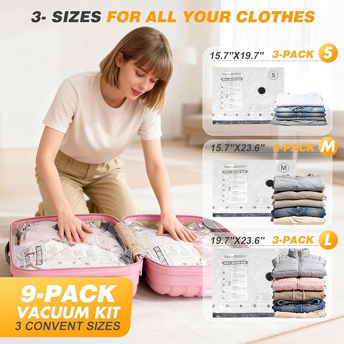 Travel Vacuum Storage Bags with Pump, Carry-on Luggage Compression Bags + Portable Electric Pump, 80% Space Saver for Clothes, Vacuum Seal Bags for Clothing Packing Travel, Pack of 9