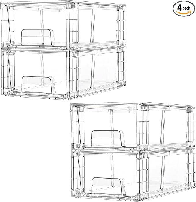 Vtopmart 4 Pack Stackable Storage Drawers,Clear Acrylic Drawer Organizers with Handles, Easily Assemble for Fridge, Bathroom,Kitchen Undersink,Cabinet,Pantry Organization and Storage
