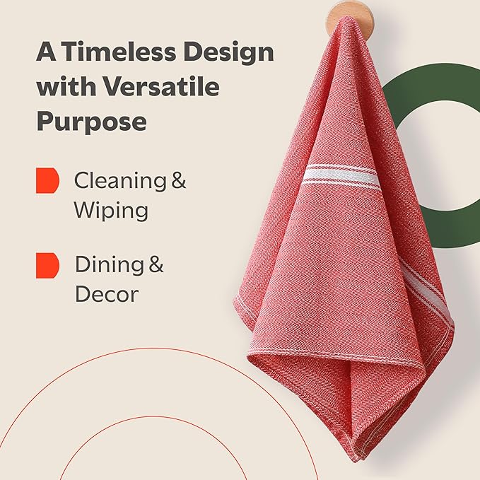 Zeppoli Classic 15 Pack 100% Natural Cotton Kitchen Towel Set, Reusable Wash Cloths, Absorbent Dish Towels, Machine Washable Hand Towels, Kitchen Essentials - 14' by 25' - Red Base