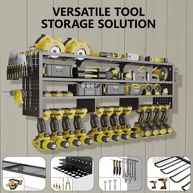 49" W Large Power Tool Organizer Wall Mount, 4 Layer Heavy Duty Metal Tool Storage Rack with 12 Drills Holder, Utility Racks for Garage Workshop, Ideal Garage Organization Gifts for Men