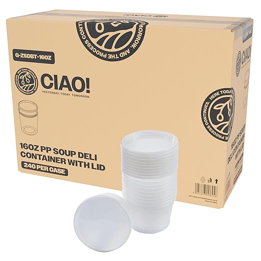 CIAO! 16oz PP Injection Molded Soup-Deli Container with LLDPE Lid, Microwavable and BPA Free (240/240 combo pack)