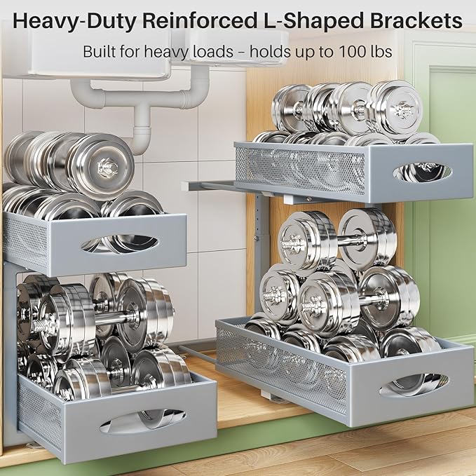 Under Sink Organizer, 2 Tier Pull out Cabinet Organizer Baskets with Mesh Sliding Drawers, Slide out Storage Shelf for Home, Kitchen, Bathroom, Pantry, Office, Countertop(1 Pack,Grey)