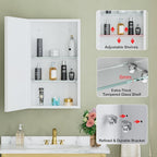 Buruis 14"x 24" Framed Medicine Cabinet with Mirror, Recessed or Wall Mounted Bathroom Cabinet, Adjustable Tempered Glass Shelves, Left/Right Open Reversible, No Assembly Required, White