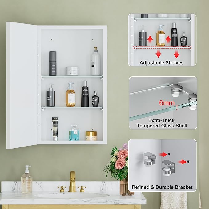 Buruis 14"x 24" Framed Medicine Cabinet with Mirror, Recessed or Wall Mounted Bathroom Cabinet, Adjustable Tempered Glass Shelves, Left/Right Open Reversible, No Assembly Required, White
