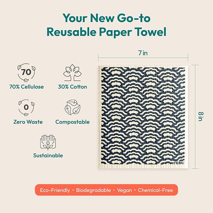 FEBU Swedish Dishcloths for Kitchen | 5 Pack Floral Reusable Paper Towels Washable | Swedish Dish Towels | Non-Scratch Cellulose Sponge Cloths | No Odor, Biodegradable Cleaning Cloths