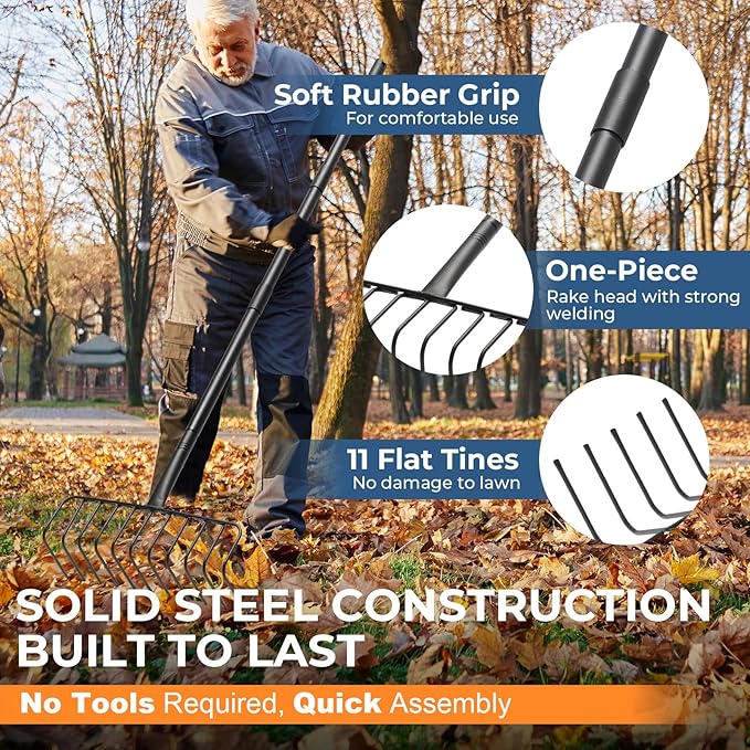 56" Rake with Oversize L-Head - Lightweight Tool for Effortless Collecting Cleaning - Sturdy Design for Dethatching, Landscaping, Lawn, Yard, Bushes, Pine Needles, Hay, Leaves, Mulch, Grass