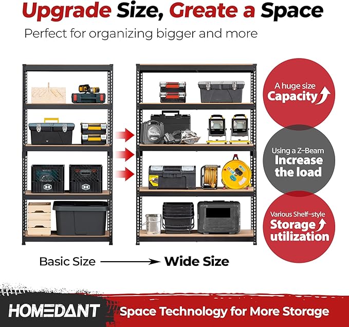 HOMEDANT 5 Tier Laminated Boltless Heavy Duty Garage Storage Adjustable Wide Size Metal Shelving Unit Utility Rack Shelves Organization Shelf Shed Warehouse 47.7" W x 24.1" D x 71.3" H 10Pack